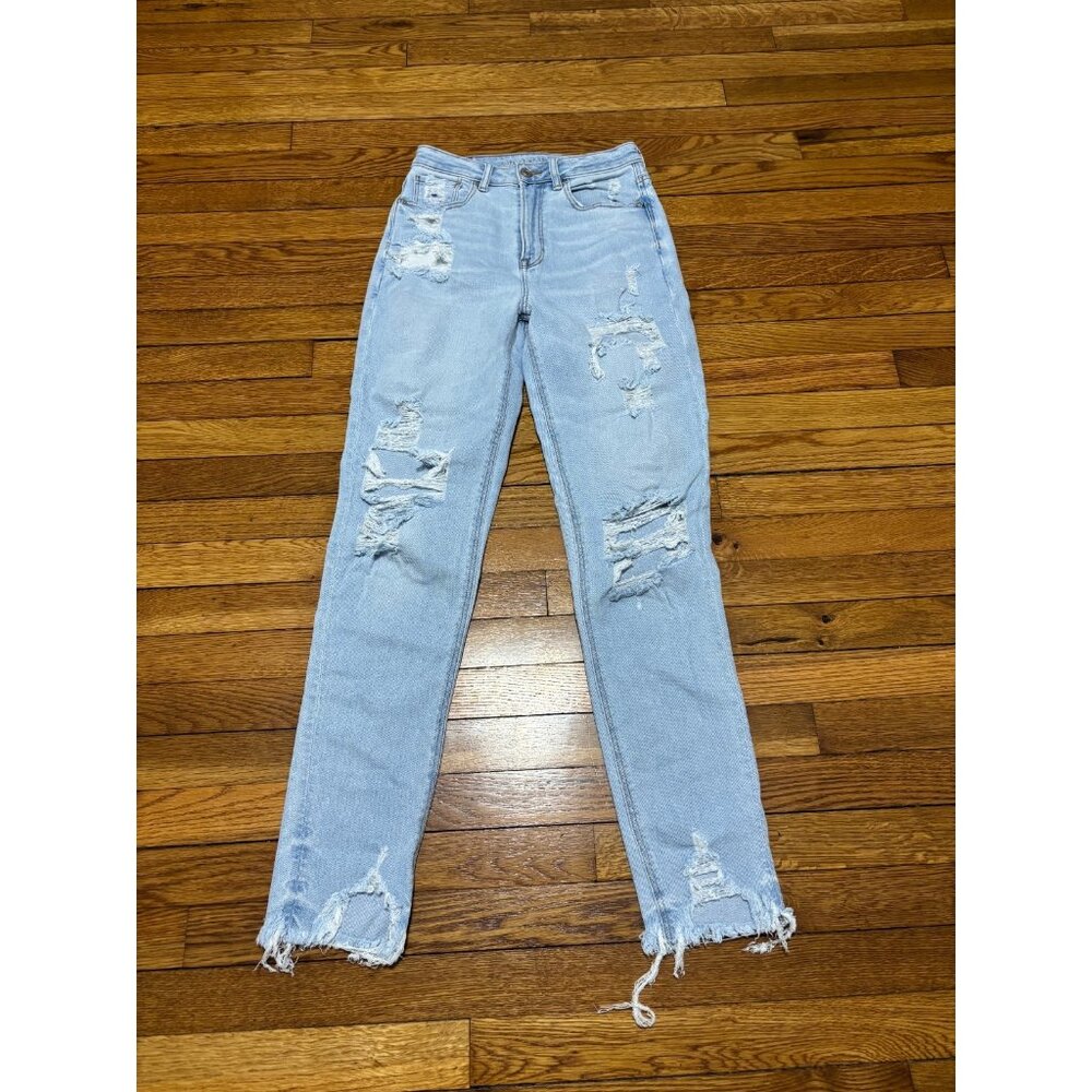 American Eagle Womens Mom Jeans 2 X-LONG Highest Rise Blue Light Distress Denim